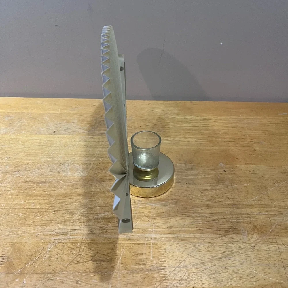 Vtg‎ Hollywood Regency Gold Shell Grey Pleated Fan Votive Candle Holder Art Deco